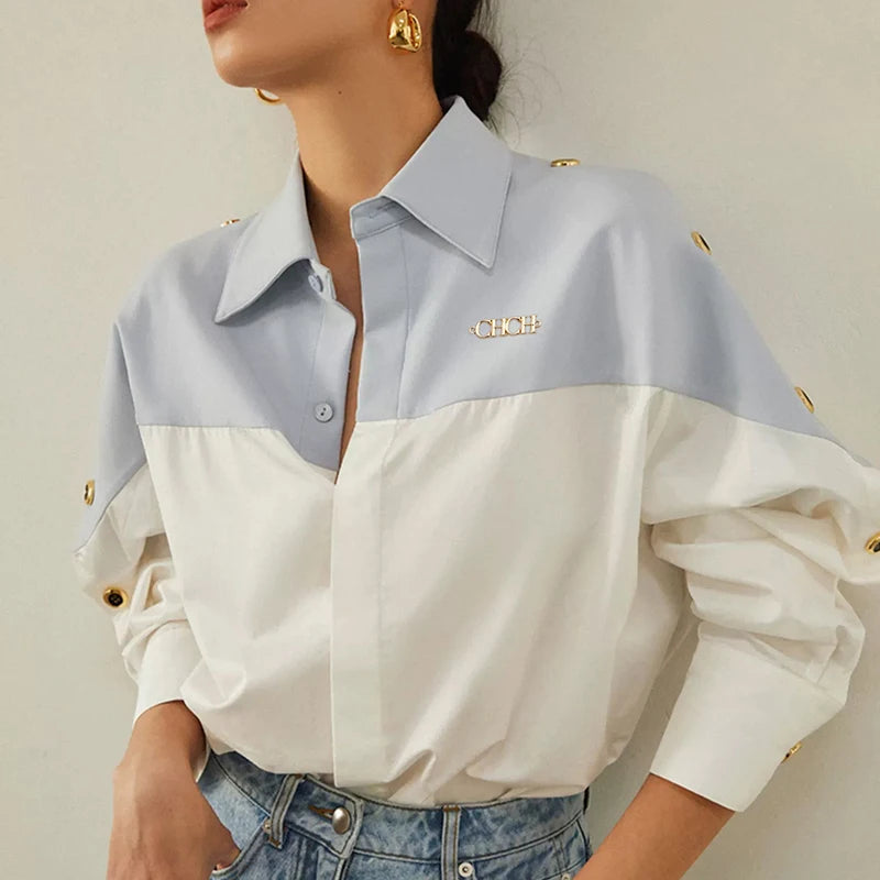 New Women's Shirts 2024 Brand Design Button Contrast Patchwork Ladies Blouses Temperament Fashion Long Sleeve Shirts Female Tops