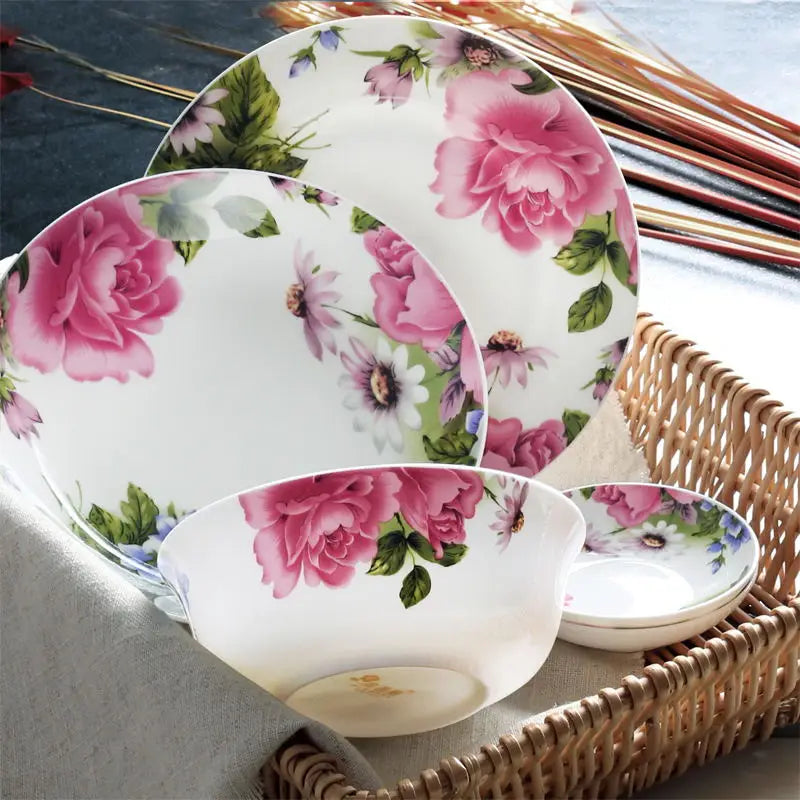 30pcs Set, Floral Bone China Dinnerware, Beauty Ceramic Dinner Bowl Set, Dinner Plate Food Container, Food Storage Container