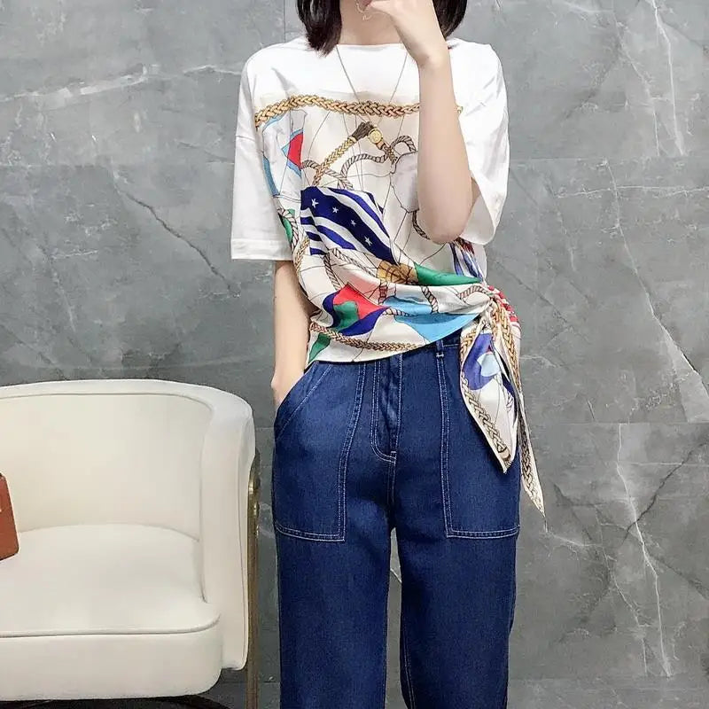 Design Casual Short Sleeve Blouses Korean Top News 2023 Korean Fashion Lacing Temperament Streetwear Printing Women's Clothing