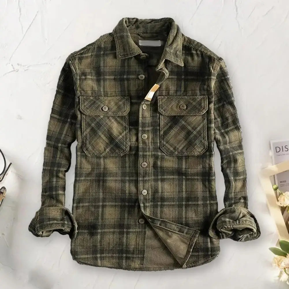 Single-breasted Shirt Men's Plaid Print Cardigan Shirt Coat for Fall Winter with Turn-down Collar Single-breasted Design Stylish