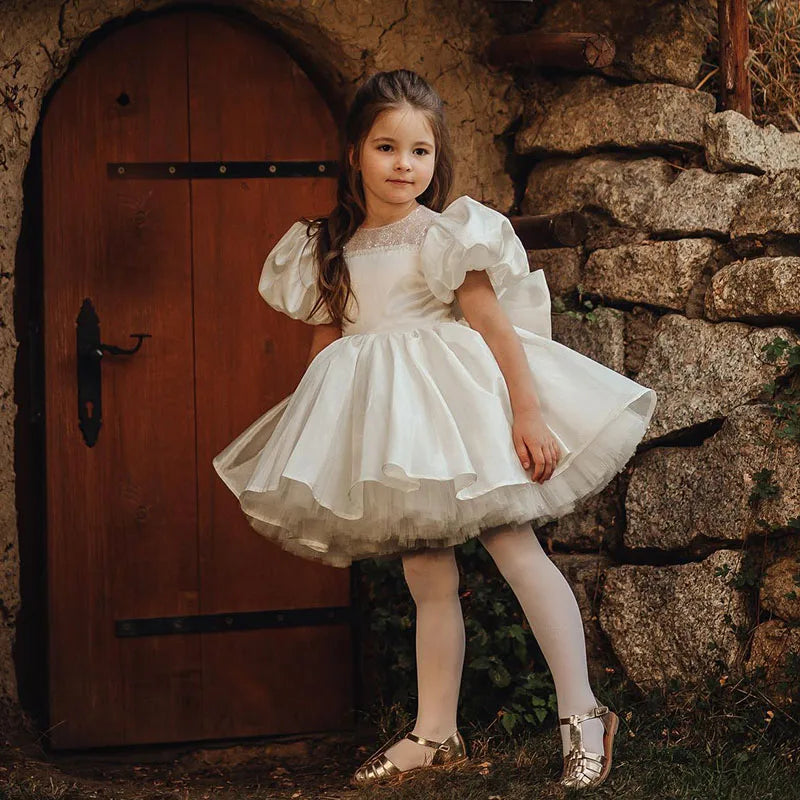 Baby White Lolita Princess Ball Gowns Kids Girl Spanish Dress with Bow Infant Birthday Christening Dresses Kid Boutique Clothes