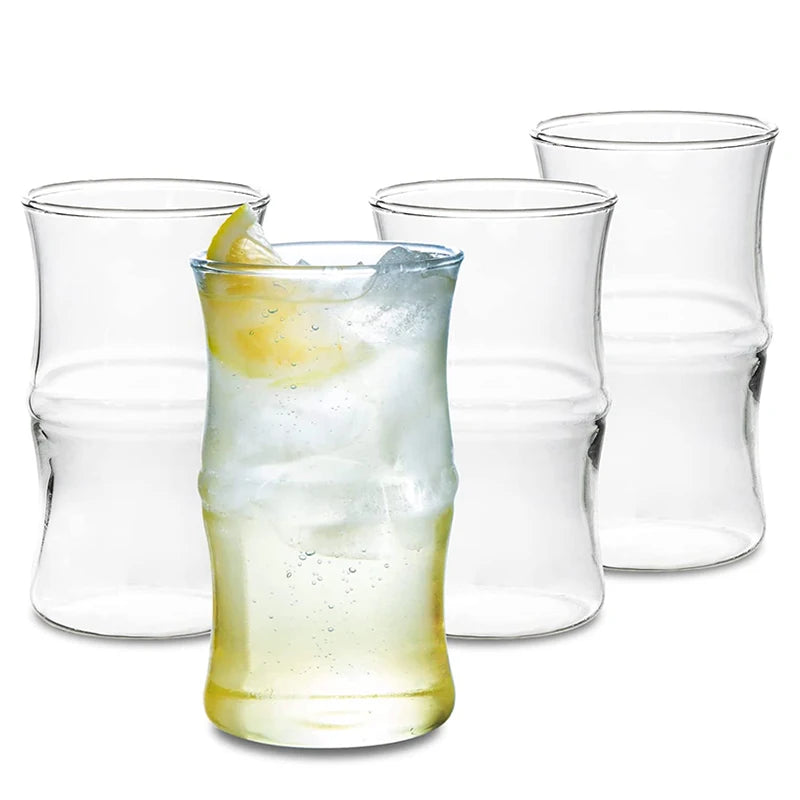 Creative Bamboo Shape Drinking Glasses 15 oz, Thin Highball Glasses Set of 4, Premium Quality Glass Cups Set, For Water,Juice