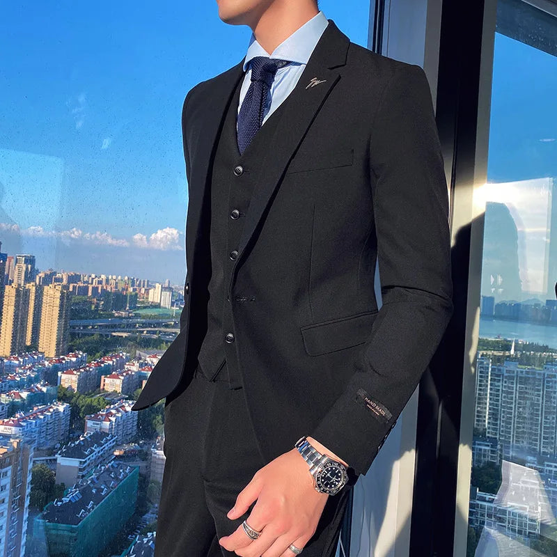 (Jackets+Vest+Pants) 2022 New Men's pure cotton business Blazers/Man slim fit three-piece casual suit/Fashion groom dress S-3XL