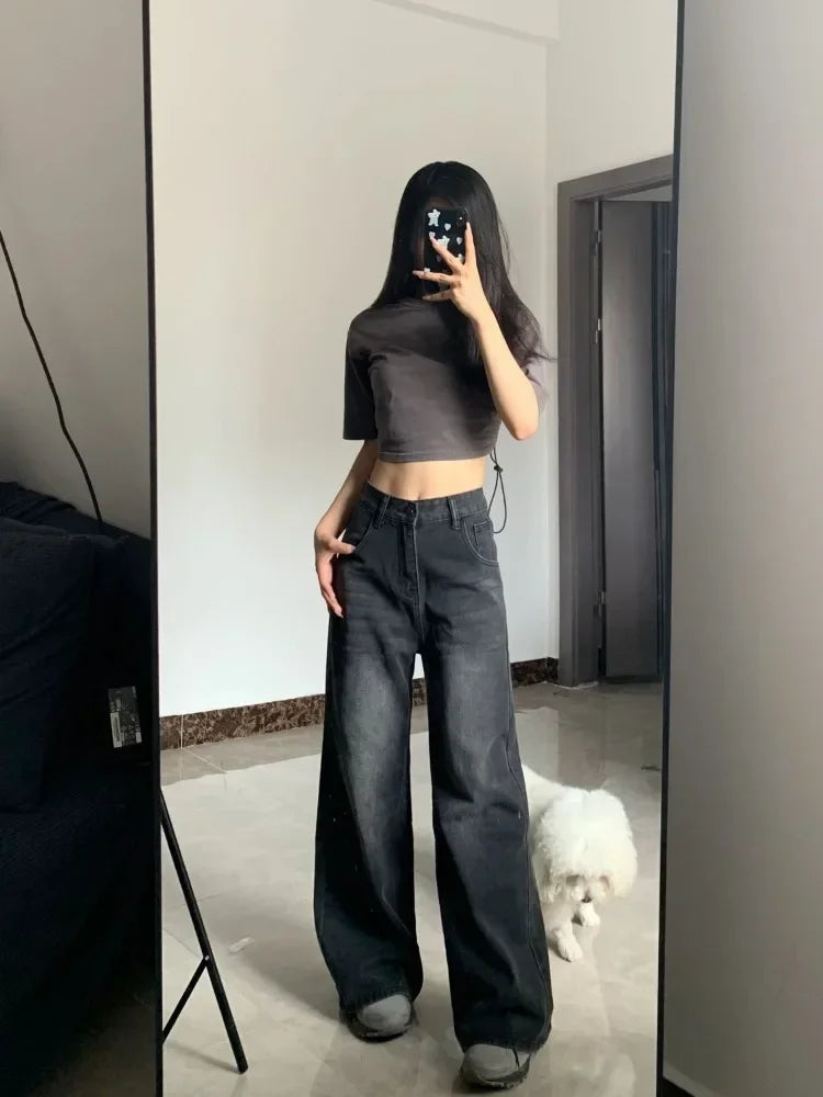 HOUZHOU Vintage Black Jeans Women High Waist Grunge Y2k 90s Streetwear Baggy Casual Korean Fashion Straight Washed Denim Trouser