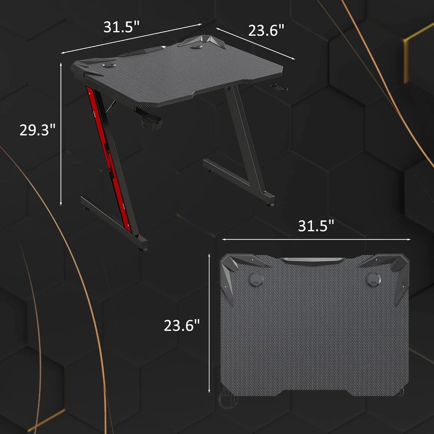 Gaming Computer Desk with Carbon Fiber Surface, Gaming Table Z Shaped Pc Home Office with Cup Holder&Headphone Hook(32 in)