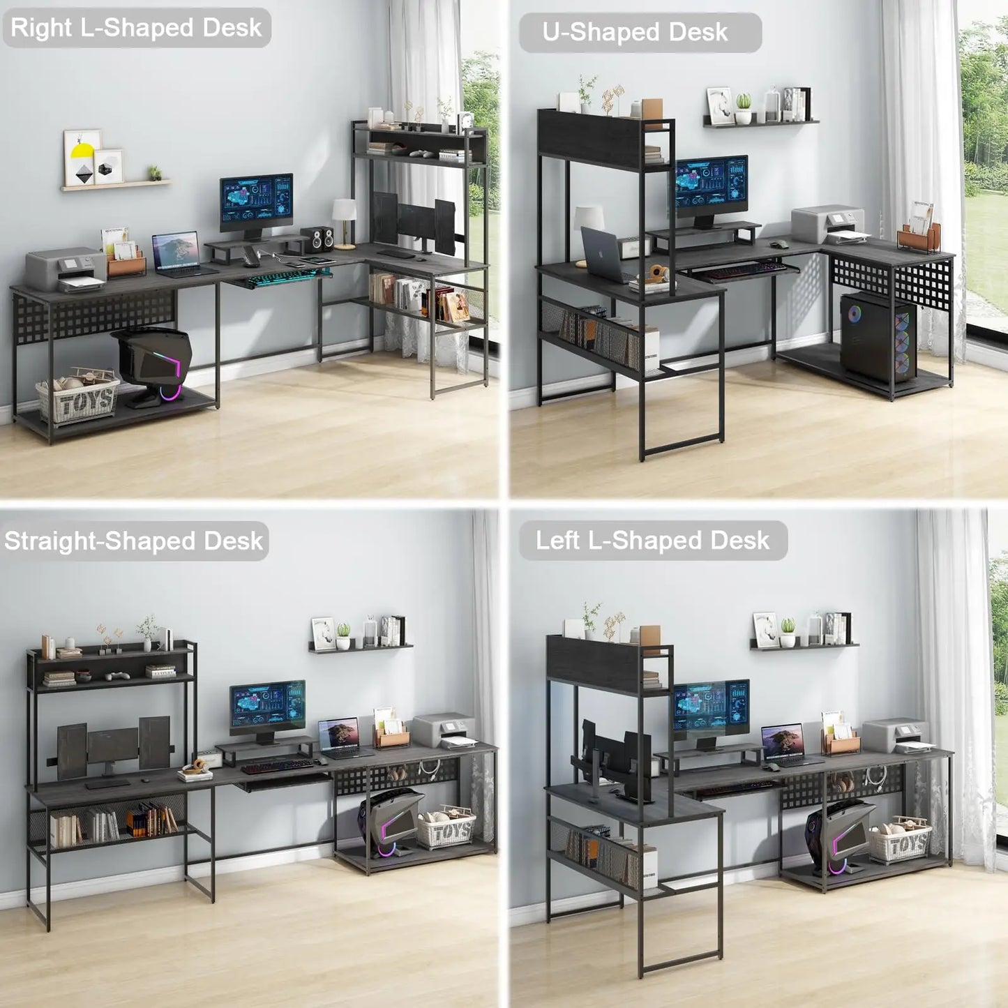 Vabches Computer Desk with Monitor Stand&LED Light Reversible Gaming Desk with Charging Station&Storage Shelves for Home Office