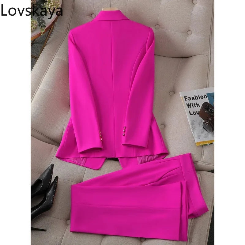 Button Decoration Formal Jacket Blazer and Trouser 2 Piece Set Fashion Pink Green Black Ladies Work Wear Pant Suit Women