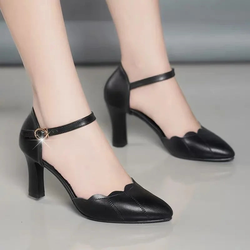 2022 High-heeled Solid Color Sandals Female Fairy Style Summer New Baotou One-word Buckle Thick Heel Ladies Comfortable Shoes