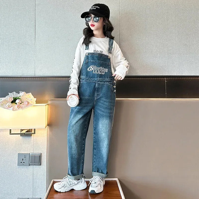 Spring Autumn Girl Jeans Overalls Teens Denim Rompers Children Denim Jumpsuits Jeans Pants for Kids Overalls 6 8 10 12 14 Years