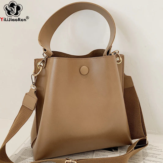 Fashion Ladies Handbags Big Bucket Bag Elegant Wide Shoulder Strap Shoulder Bags for Women Soft Leather Crossbody Bag Wallet