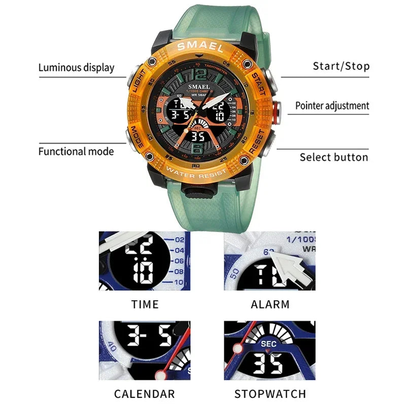 SMAEL 8058 Waterproof  Male Clock Digital LED Display Quartz Analog Stopwatch Fashion Clock  Men Watch Sport Watches