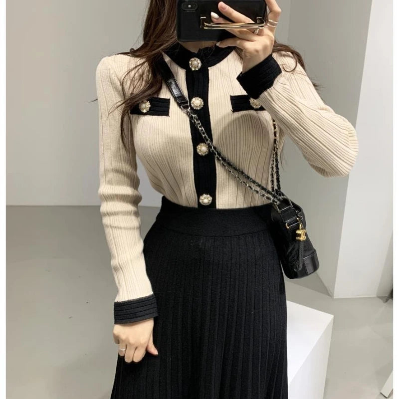 Women's Knitted Suit Long Sleeve Single Breasted Cardigan Sweater and A-line Midi Skirt Ladies Two Piece  Set Outfits G669