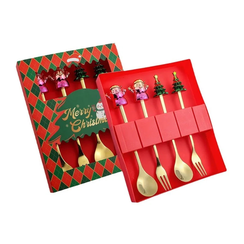 Christmas Spoon Fork Tableware Set Cartoon Coffee Spoon Fruit Fork Christmas Tree Elk Spoon Holiday Decoration Christmas Gift