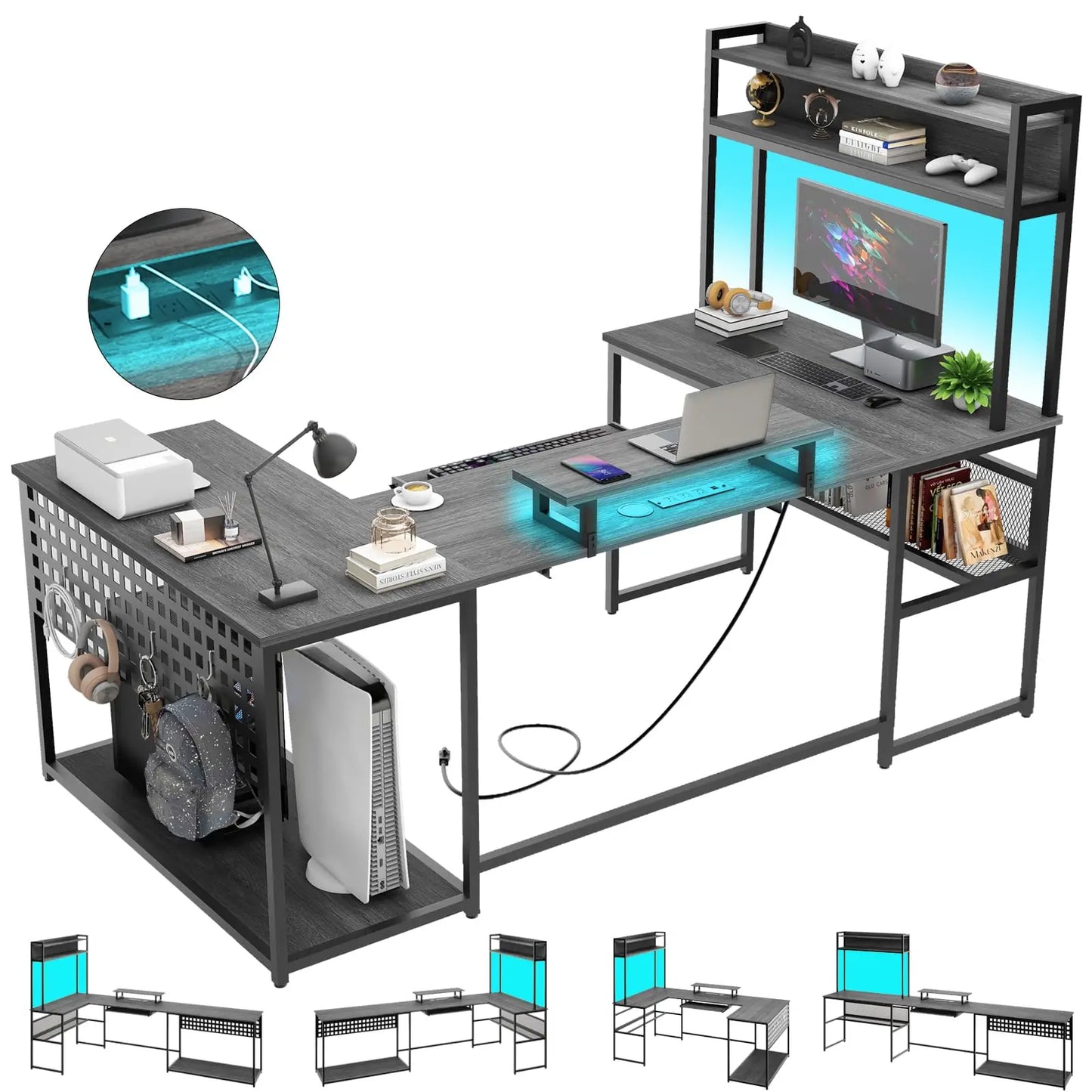 Vabches Computer Desk with Monitor Stand&LED Light Reversible Gaming Desk with Charging Station&Storage Shelves for Home Office