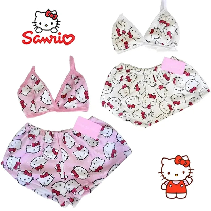 Kawaii Sanrio Hello Kitty Pajamas Set Cartoon Cute Y2K Women Flannel Pajama Pants Ladies Soft and Comfortable Home Slacks Gifts