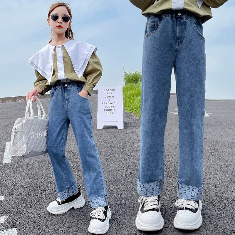 2023 Teens Girls High Waist Elastic Denim Pencil Pants Solid Color Children Rolled-up Trousers Straight jeans 5 7 9 12 15 Years