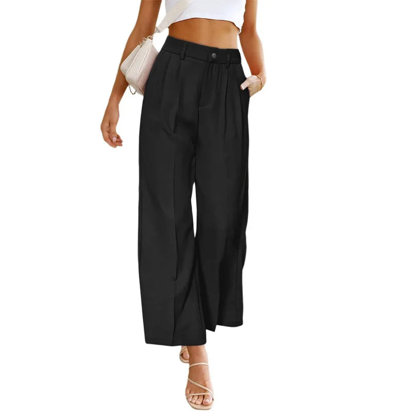 2023 the spring and autumn period and the new women's leisure wide-legged dress pants of tall waist button long belt pockets