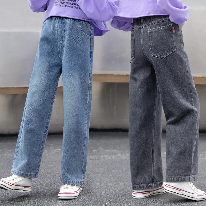 Teen Girls Jeans Spring Autumn Children Trousers 2024 New Letter Elastic Waist Girls Denim Wide Leg Pants 5-14Yrs Kids Clothes