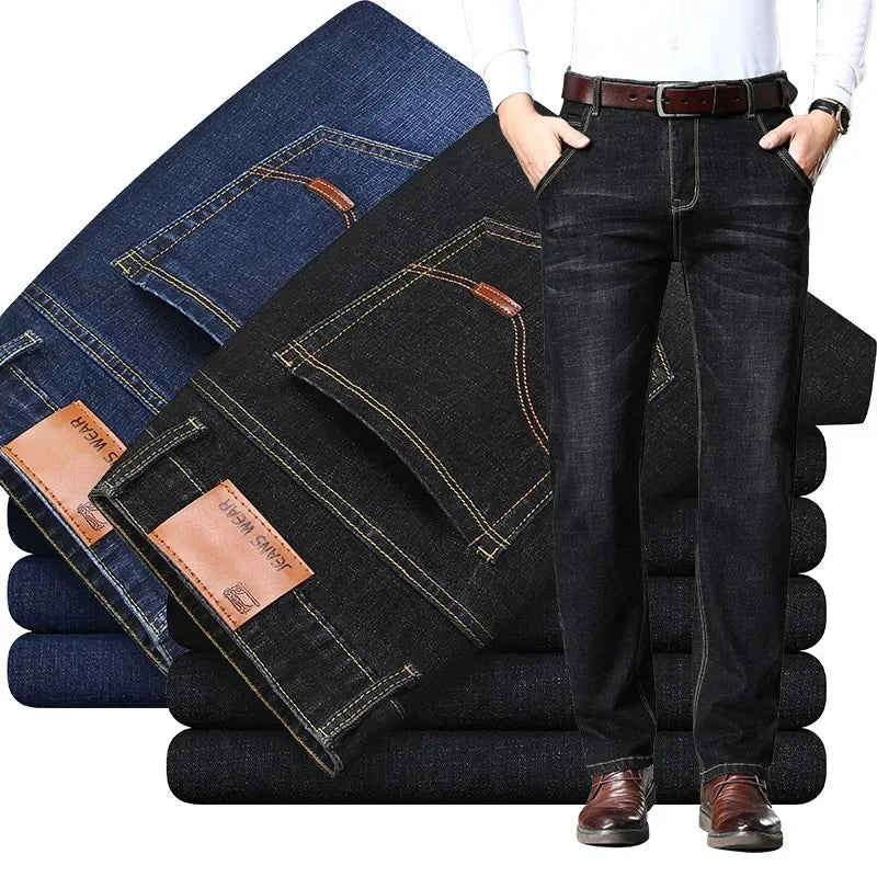 2024 NEW Classic Style Casual Stretch Slim Jean Pants Male Brand Denim Trousers Black Blue Men's Fashion Business Jeans