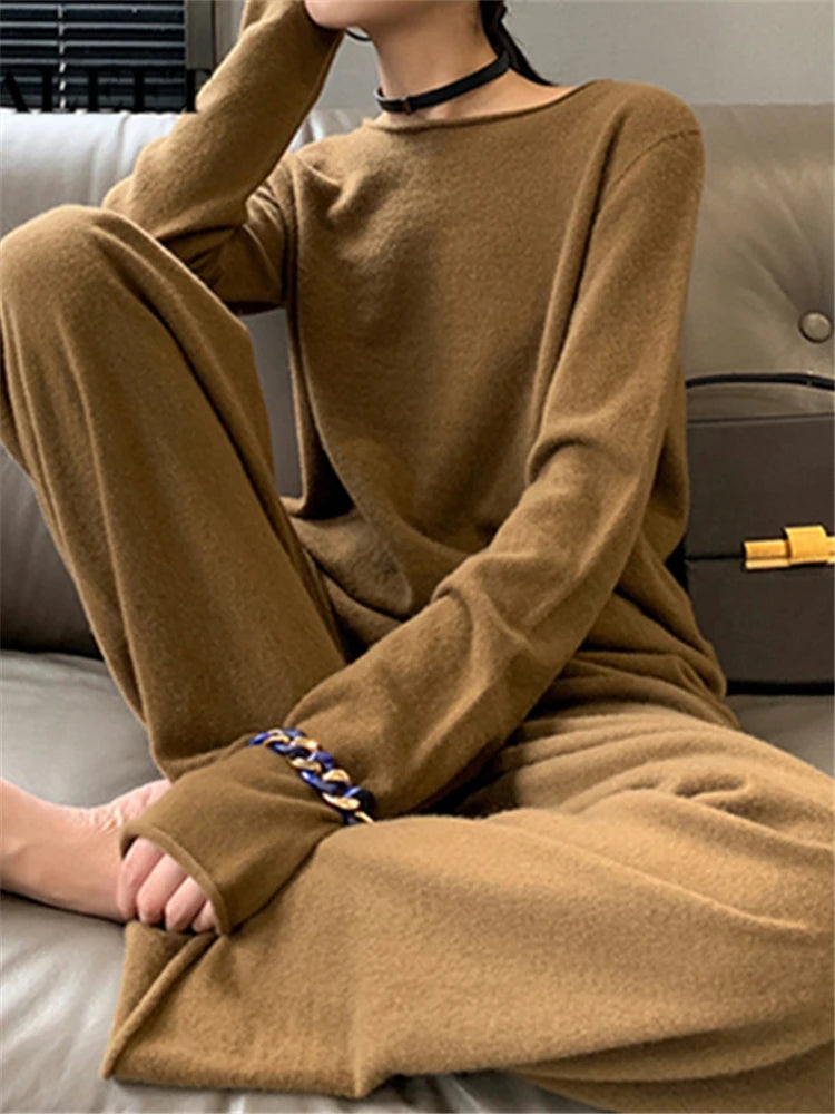 REALEFT Autumn Winter 2 Pieces Women Sets Cashmere Tracksuit 2022 Slash Neck Sweater and Wide Leg Jogging Pants Pullover Suits