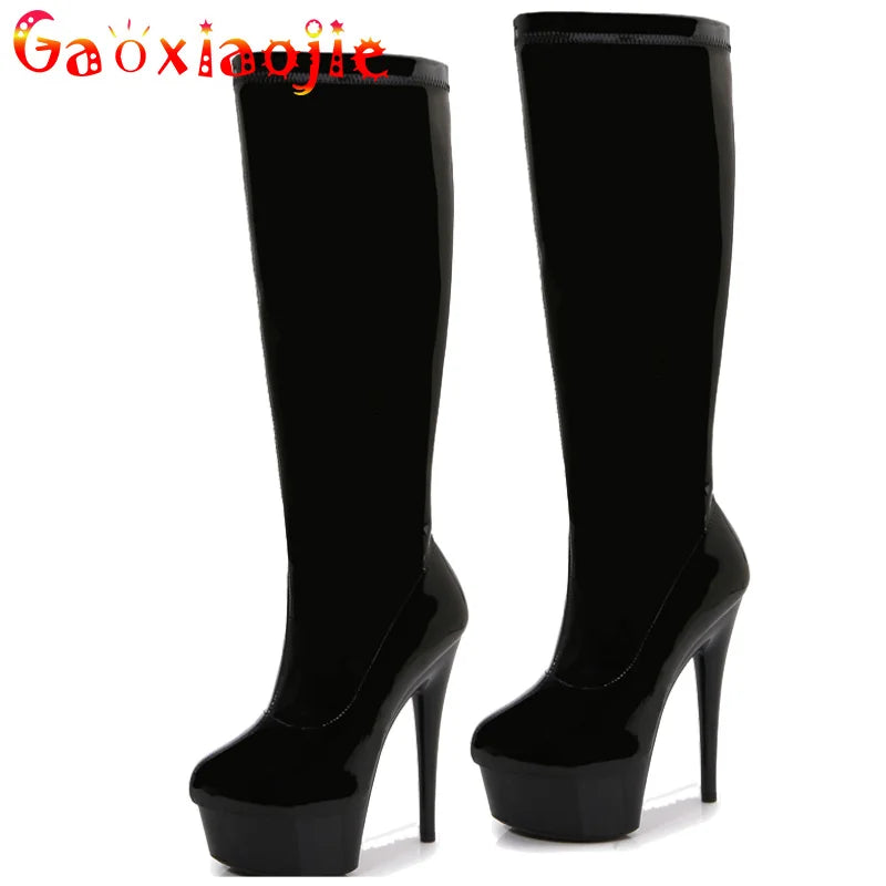 Women Middle Tube Boots Sexy Nightclub Thin Heel Shoes 15CM Pole Dance Training Leather Boot Black Side Zipper Boots One Pedal