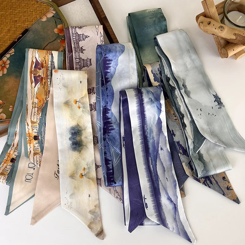 New Chinese Ancient Style Printed Fabric Landscape Painting Satin Ribbon Holiday Party Silk Scarf Women's Elegant Headwear Gift