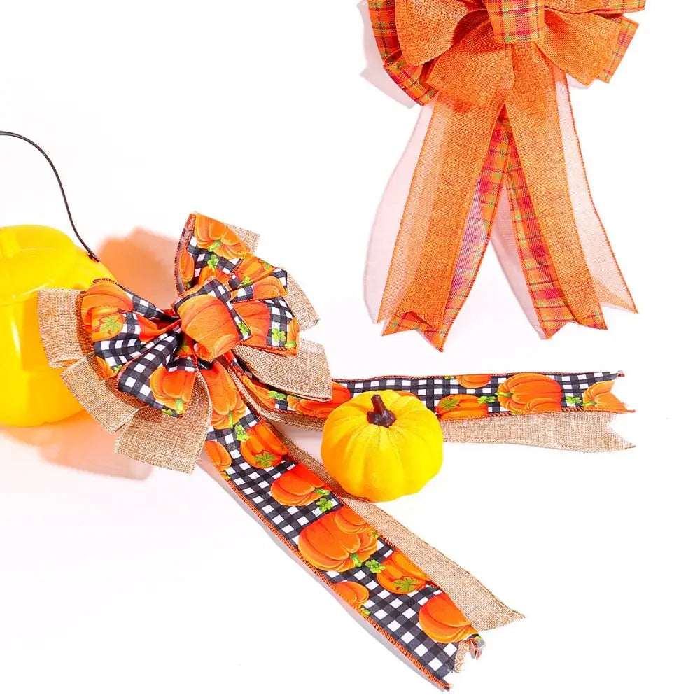 Striped Bow Fall Wreath Bow Rustic Cloth Thanksgiving Pumpkin Bow DIY Handmade Ribbon Bowknot Decorations Harvest Festival