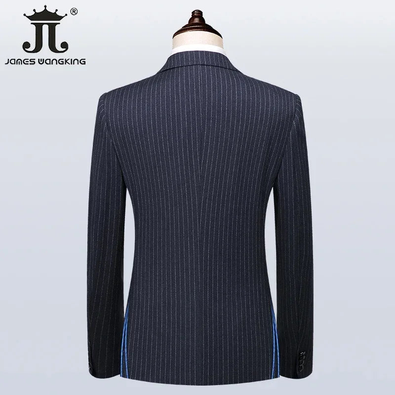 S-7XL (Blazer + Vest + Pants) Vertical Stripes Double Breasted British Style Men's Suit Groom Wedding Prom Party Business Tuxedo