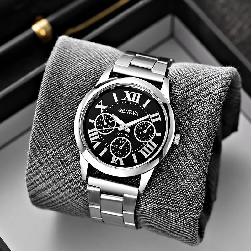 Classic  New 2024 Geneva 3 Eyes Gold Casual Women Watch   Men Stainless Steel  Ladies Clock Quartz Wristwatches