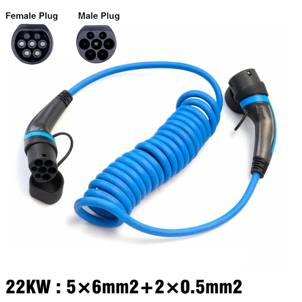 EV Chaging Spiral cable Type 2 To Type2 EV blue Coilced Cables EVSE 22KW 32A 3Phase For Electric Vehicle Car Charger Stations