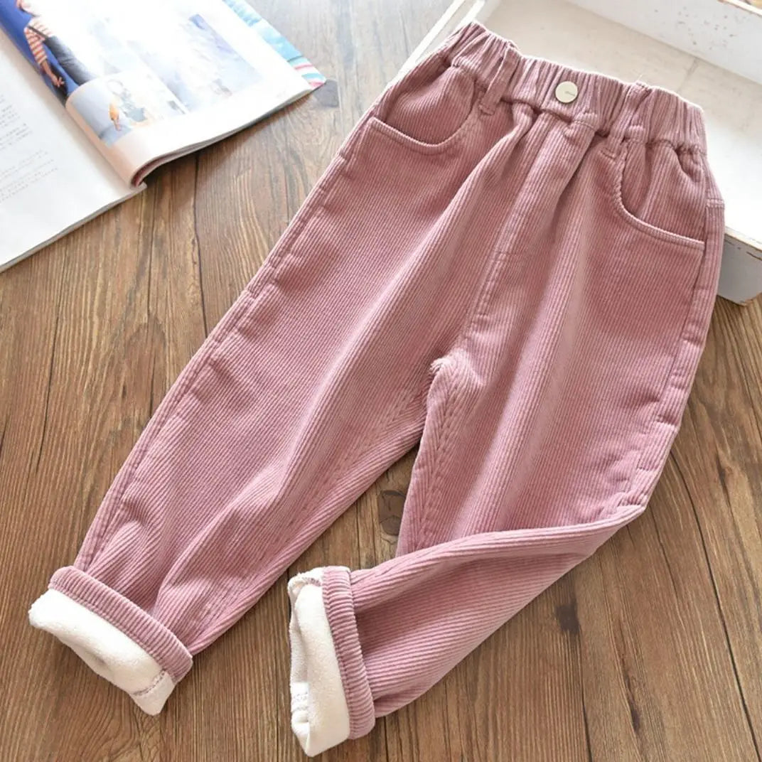 Girls' Boys' Pants Fall and Winter Outer Wear Fleece-Lined Thickened Winter 2023 New Children's Corduroy Trousers