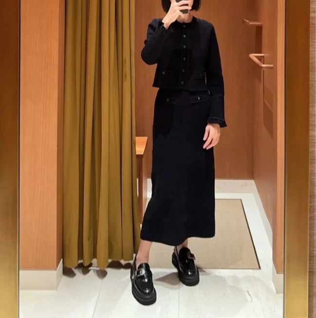 Women Black Hollow Out Knit Set Elastic Waist Midi Skirt or Round Neck Slim Short Sweater Cardigan Temperament Lady Suit