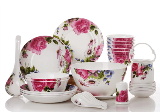 30pcs Set, Floral Bone China Dinnerware, Beauty Ceramic Dinner Bowl Set, Dinner Plate Food Container, Food Storage Container