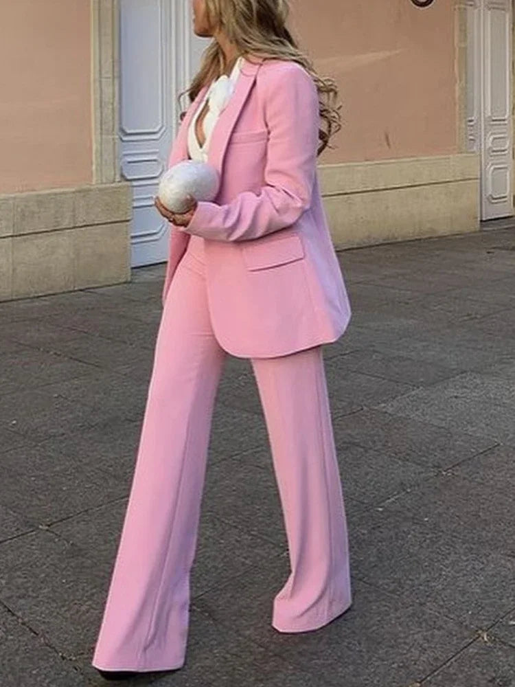 Women's Blazer 2024 New Autumn Elegant Casual Office Lady Pink Jacket Coat Fashion High Waist Loose Wide Leg Trousers Pant Suit