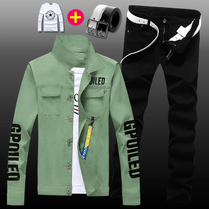 New Mens Denim Jacket Jeans Pants Slim Fit 2pcs Set Boys Casual Letters Printed Coat Trousers with Pendant Candy Color