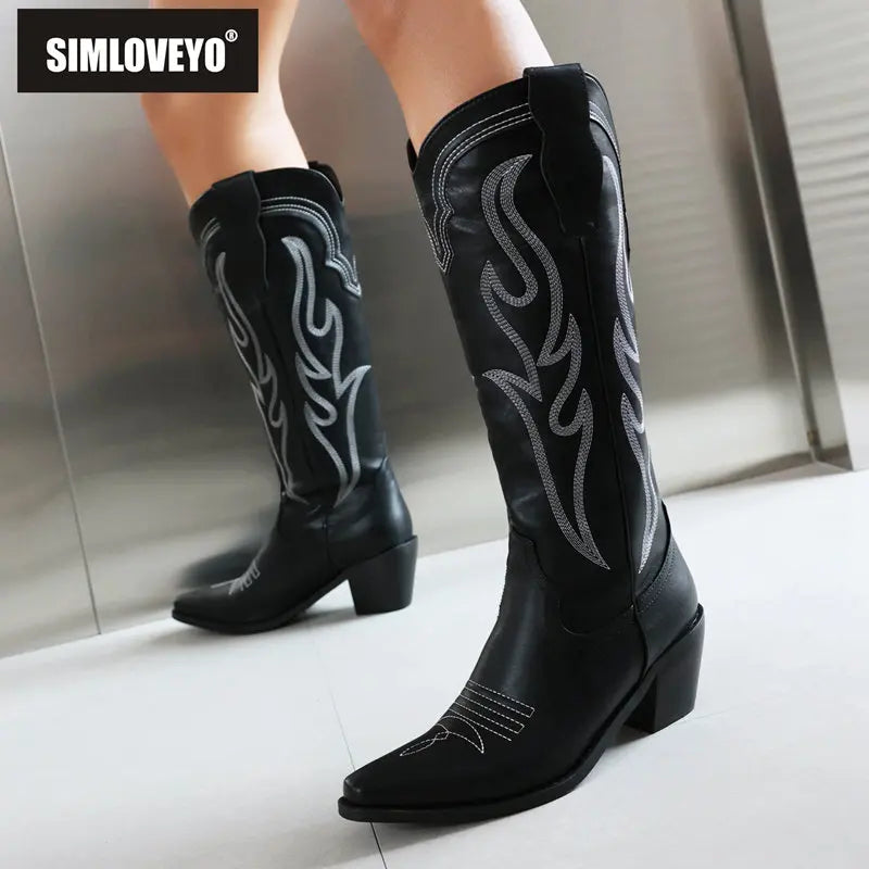 SIMLOVEYO Brand Women Boots Toe Chunky Heels Embroider Size 44 45 46 Daily Female Knee High Booties