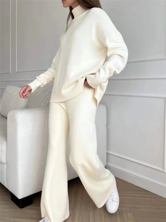 Autumn Winter 2 Pieces 2023 New White Women Sets Knitted Tracksuit Turtleneck Sweater and Straight Jogging Pants Suits Ladies