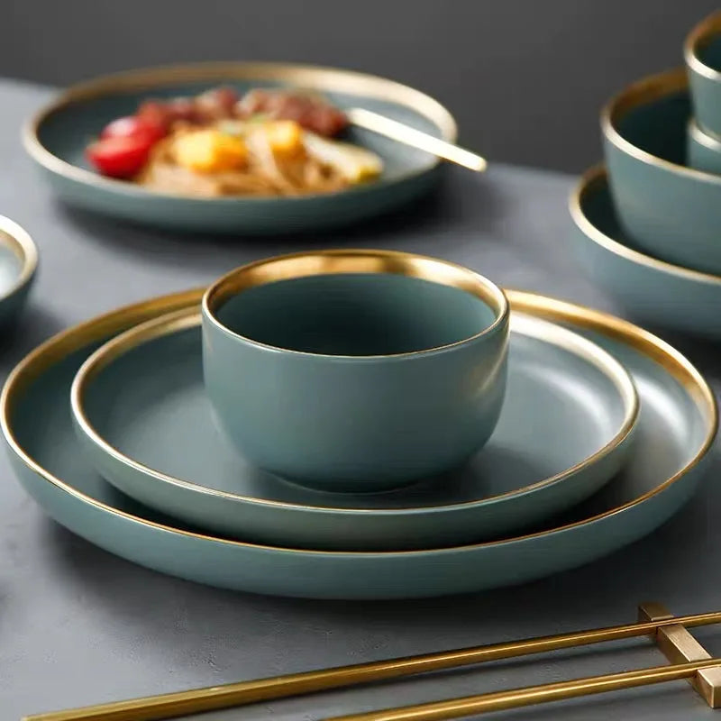 Ceramic Tableware Set Grey-green Tableware Dinner Dessert Steak Plate Cereals Bowl Plates and Bowls Set for Home Restaurant Gift