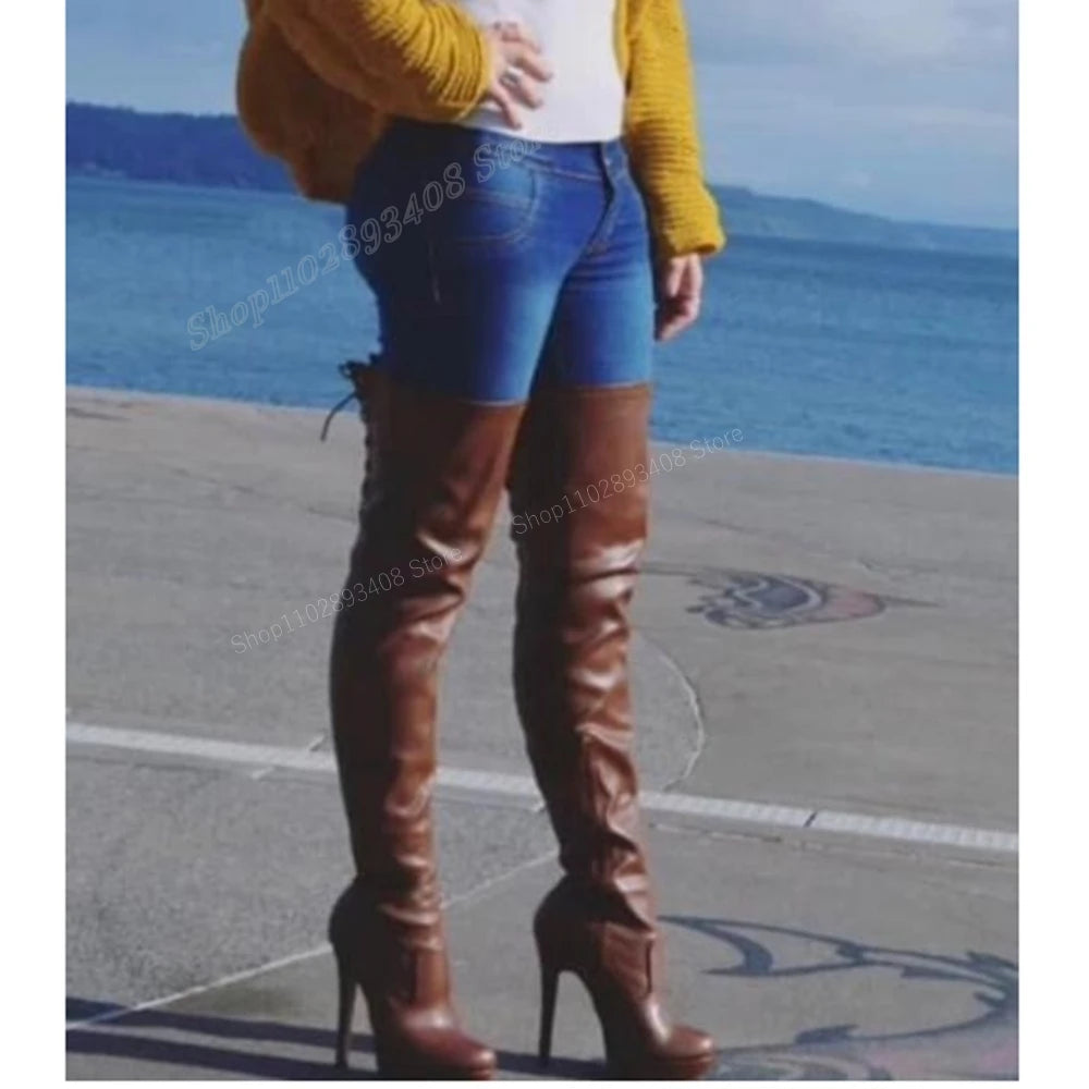 Brown Back Cross Tied Over the Knee Boots Platform Matte Leather Stiletto High Heel Zipper Women Shoes 2024 Zapatos Para Mujere