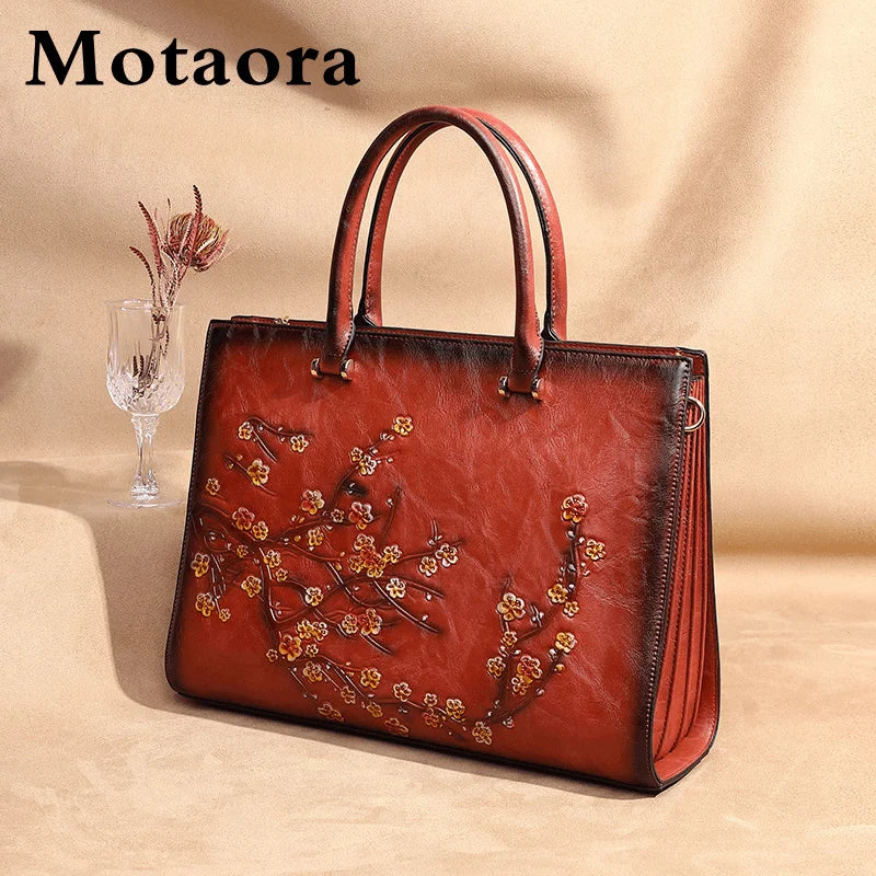 MOTAORA Vintage Embossed Women Shoulder Bag Leather Top-handle Bags Ladies Large Capacity Messenger Bags Floral Female Tote Bag