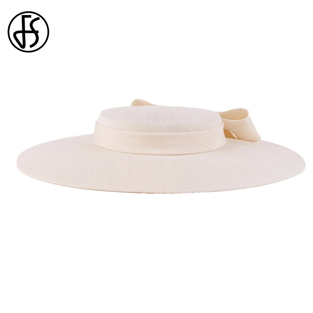 FS Elegant Wide Brim Ivory Hats For Women Big Bow Formal Occasion Kentucky Cap Lady Wedding Cocktail Party Flat Top Fedoras 2024