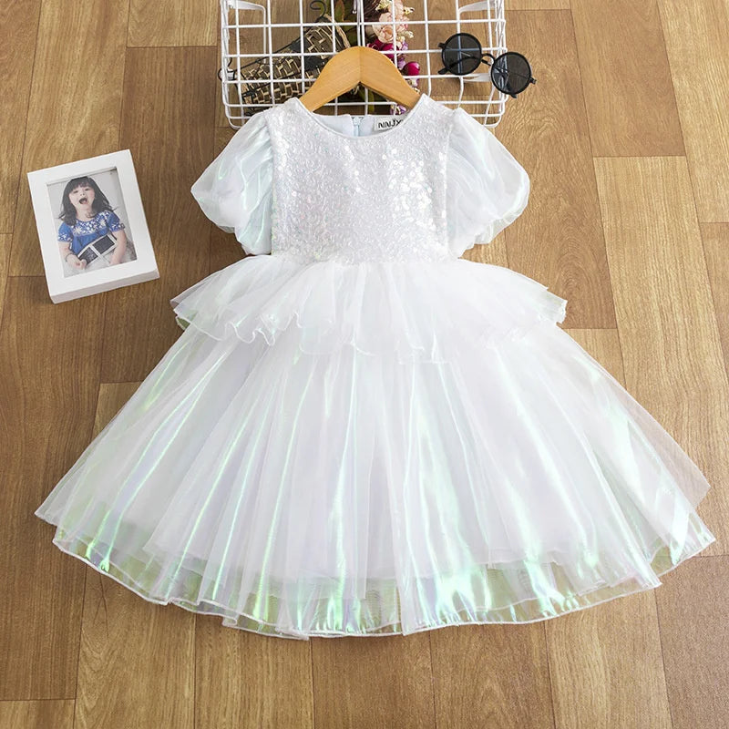 Children Princess Dress Girls Sequin Puff Sleeve Tutu Dress Child Girl Fashion Birthday Party Gown Kids Mesh Dress Summer 2-10Y
