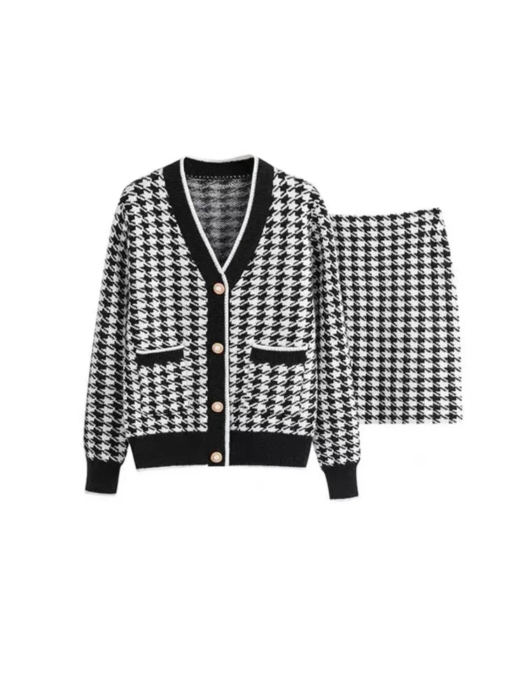 Small Fragrance Women's Knitted Sets Vintage Plaid V-Neck Cardigan Sweater + Mini Skirt Suits Female Casual Autumn Clothing