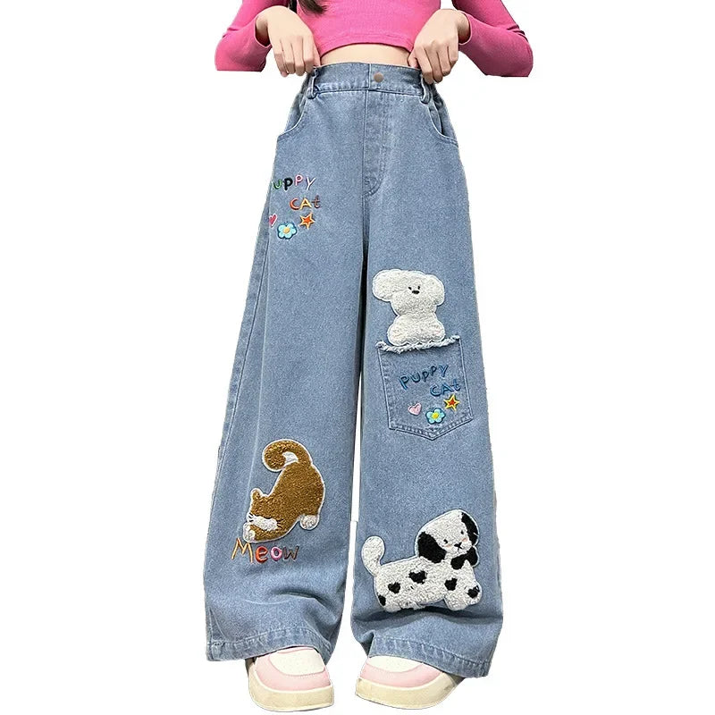 Autumn junior girls cartoon wide leg jeans teenage kids towel embroidered dog denim pants Fashion child trousers 4 6 8 10 12 14