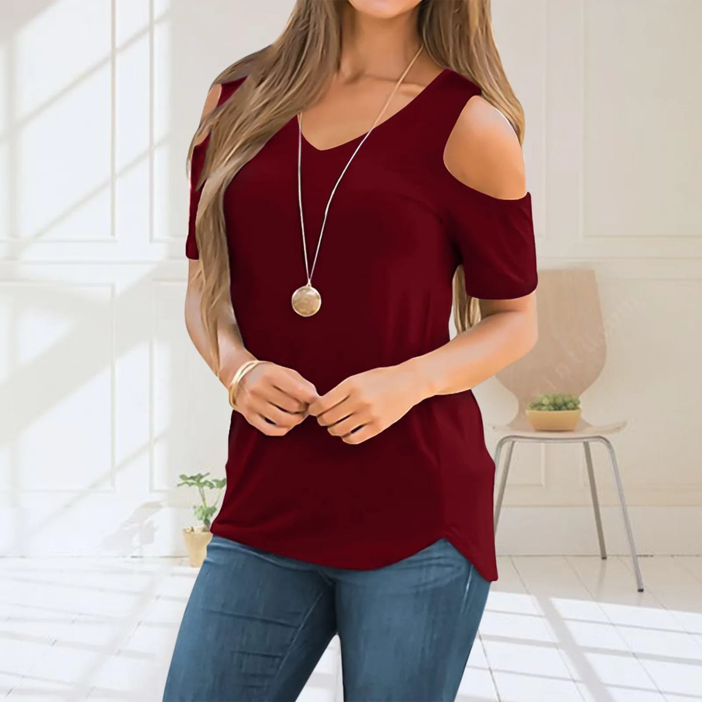 2022 Womens Summer T Shirt Elegant Casual Cute Cold Shoulder Short Sleeve V Neck Top Fashion Loose Plus Size Pullover Sling Tops