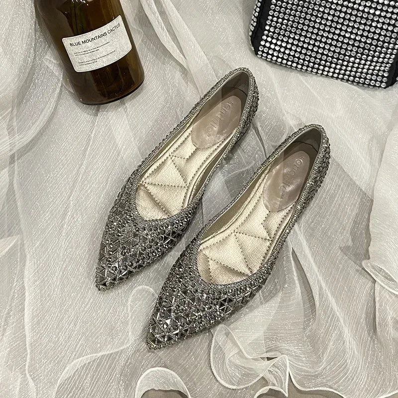 Women's Pumps 2024 New Crystal Pointed Toe Low Heeled Party Bride Wedding Shoes Fashion Loafers Elegant Ladies Dress High Heels