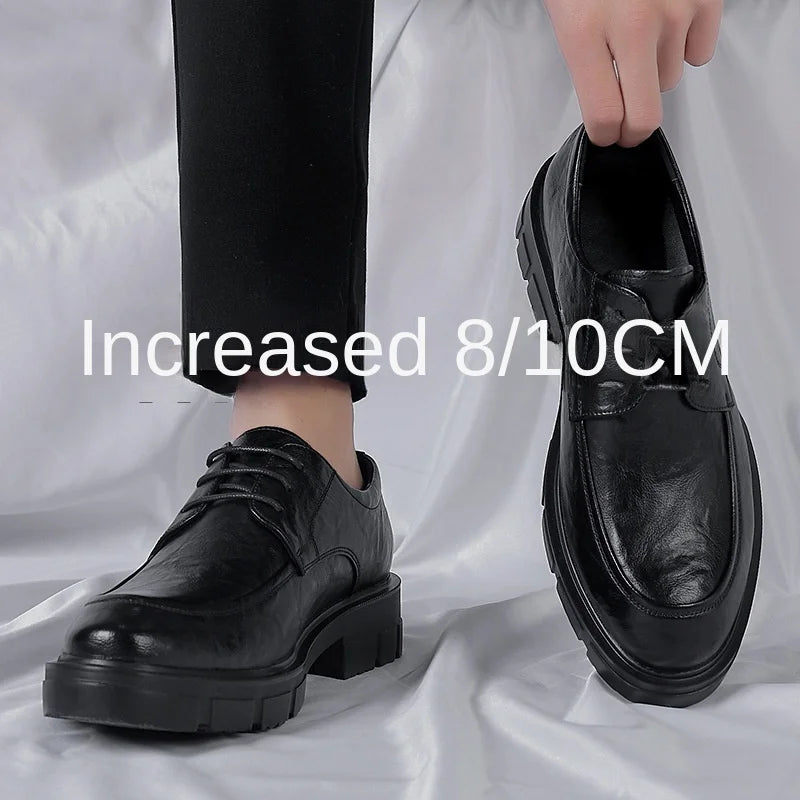 5 8 10 Cm Heel Shoes Men Fashion Casual Cow Leather Men's Dress Shoes British Breathable Groom Platform Wedding Shoes Male