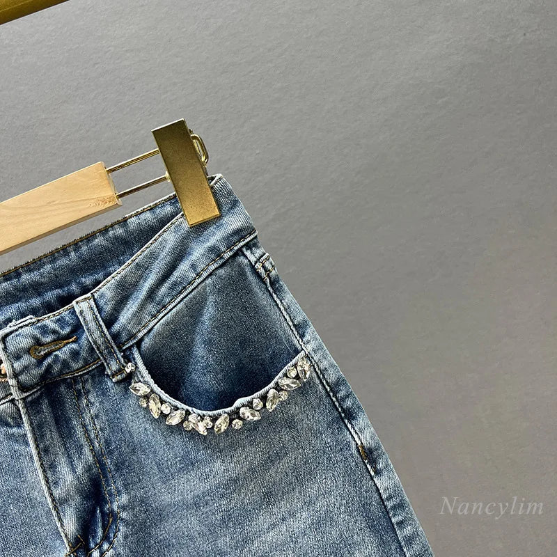 2024 Spring Summer Women's Wide-Leg Jeans New High Waist Hollow Out Mop Trousers Fashion Diamond Denim Pants Female Clothes