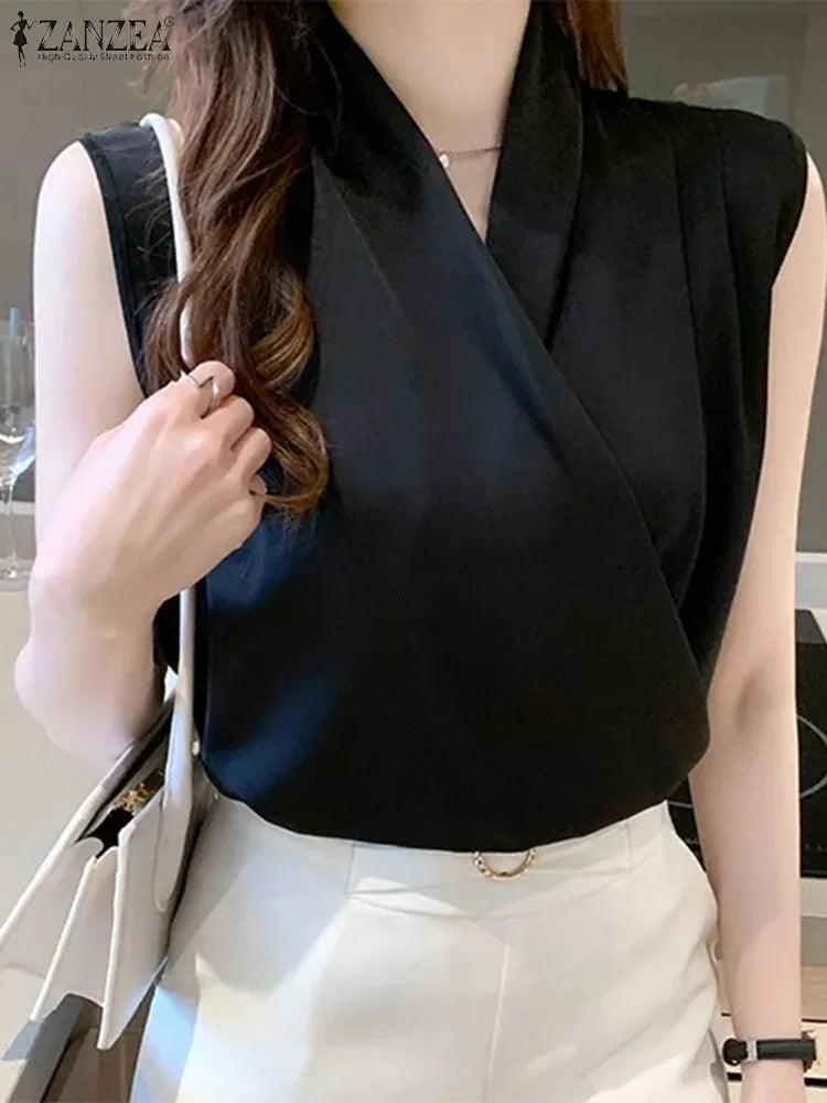 2023 ZANZEA Summer Elegant  V Neck Sleeveless Blouse Women Office Work Tops Female Casual Solid Pleated Shirt Satin Blusas Mujer