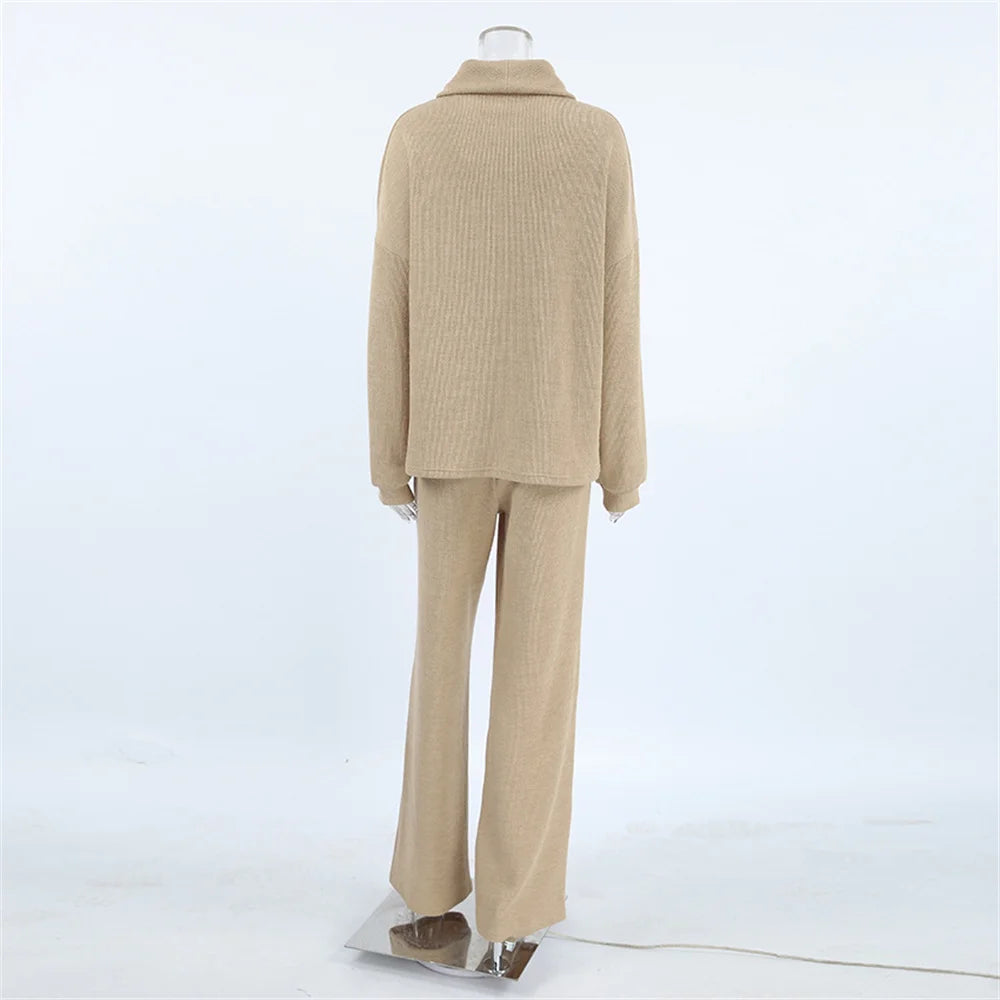 Casual Khaki Knitted Suit for Women Autumn Winter Loose Turtleneck Long Sleeve Sweater and Wide Leg Pants Sports Suit